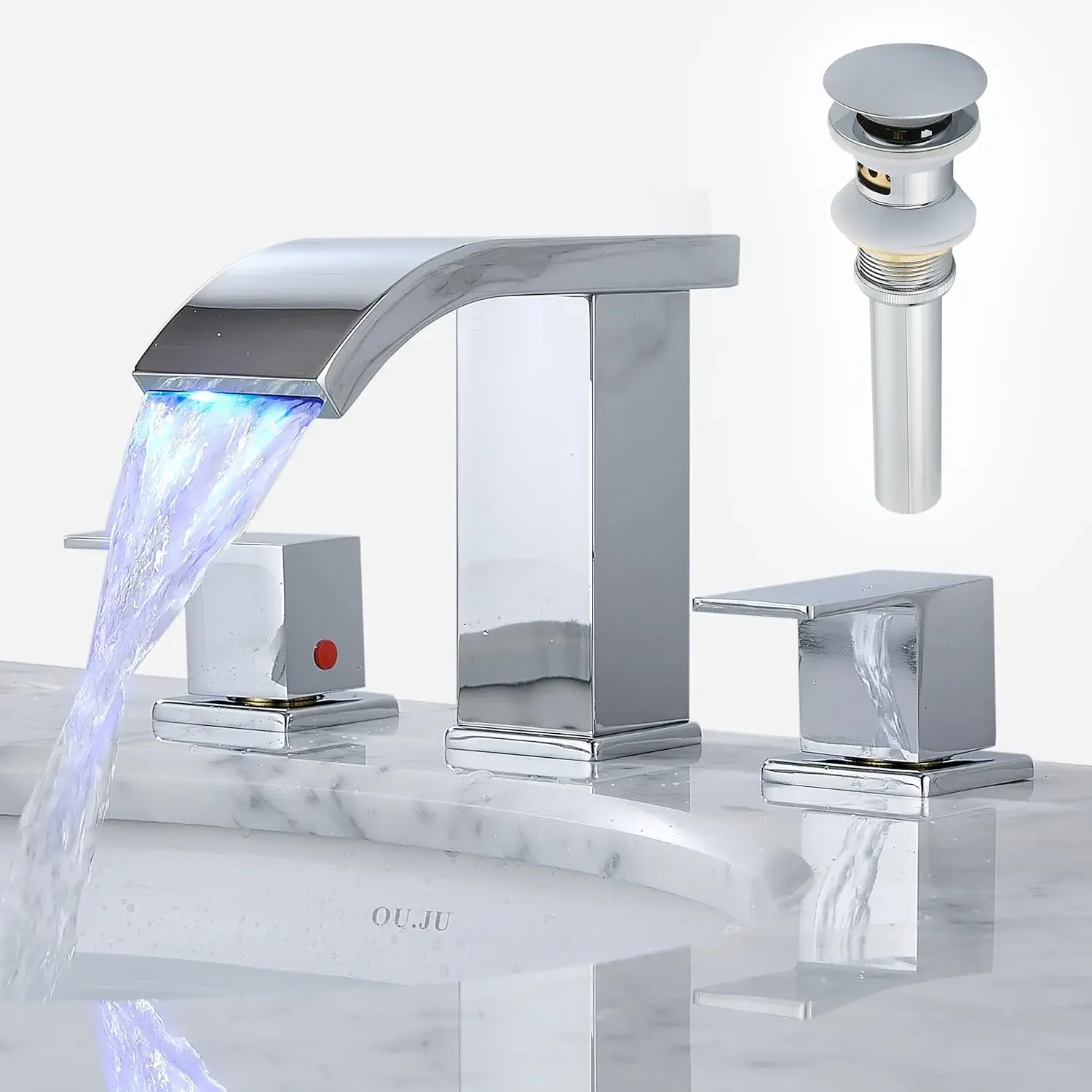 Bathroom 3 Holes LED Waterfall Basin Faucets, 2 Handles Cold Hot Water Mixers Sink Taps RGB Color Change Powered by Water Flow