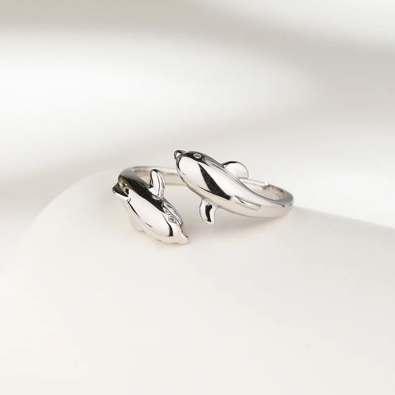 Double Dolphin Silver Color Charm Woman Ring High Quality Brand Fashion Jewelry