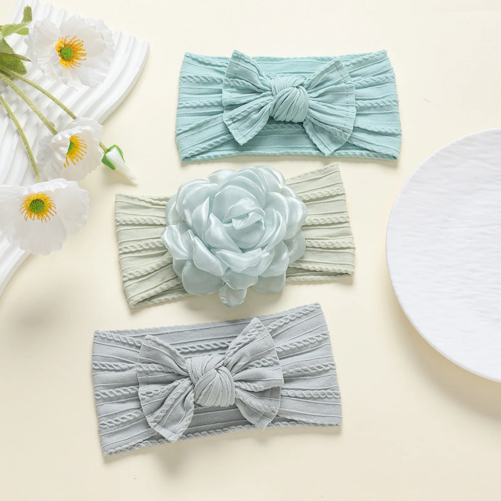 

3pc/set Baby Headband Mint Chiffon Flower with Nylon Wide Headwrap Newborn Cable Printed Bow Turban Jacquard Girls Bebe Headband