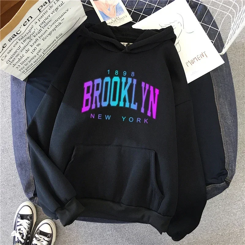 Brooklyn Print Hoodie for Woman High Grade Urban Casual Fashion Hooded Sweatshirt Girl Daily Home Outdoor Comfort Loose Pullover