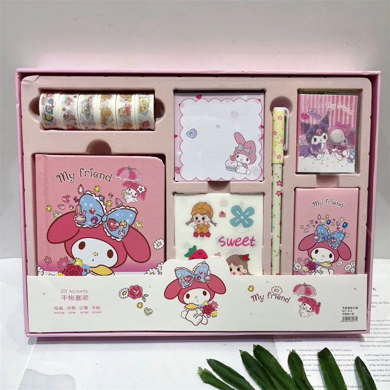 Sanrio Kuromi Melody Cinnamoroll juego de manual de dibujos animados, pegatinas de cinta para niñas lindas, Bloc de notas, bolígrafo, regalo para estudiantes de escuela, premio