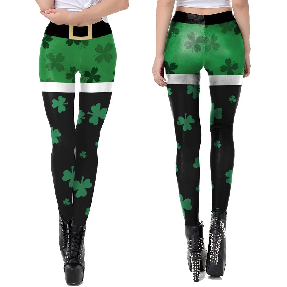 Woman's Leggings Irish Clover Striped Stretchy Slim Leggings Elastic Fitness Trousers St Patrick's Day Leggin Party Costume