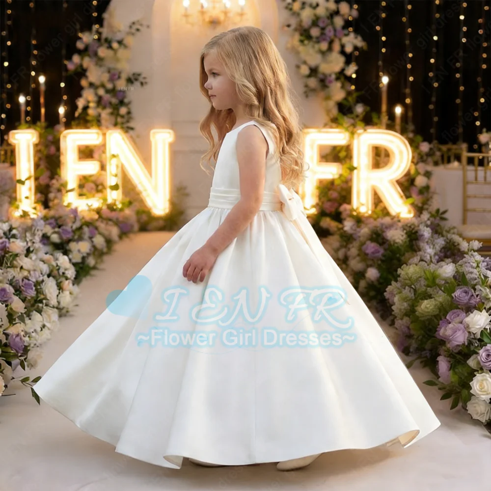 

Customized Flower Girl Dress Satin A-Line White Dress with Bow Decoration for Wedding Birthday Party Bridesmaid Flower Girl