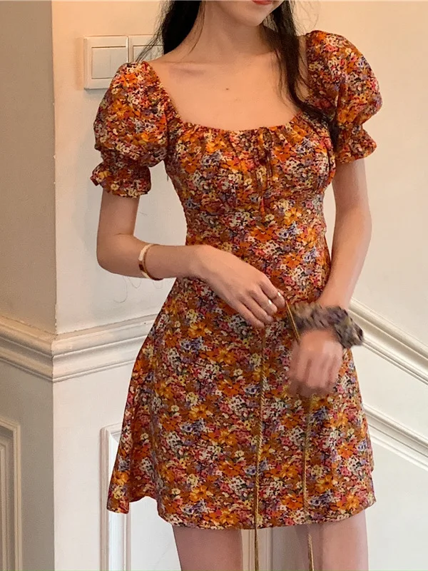 2024 Pearl Cotton Summer French Girl Oil Painting Broken Flower Bubble Sleeve Slim Dress Elegant Sweet Women Tops G7C8