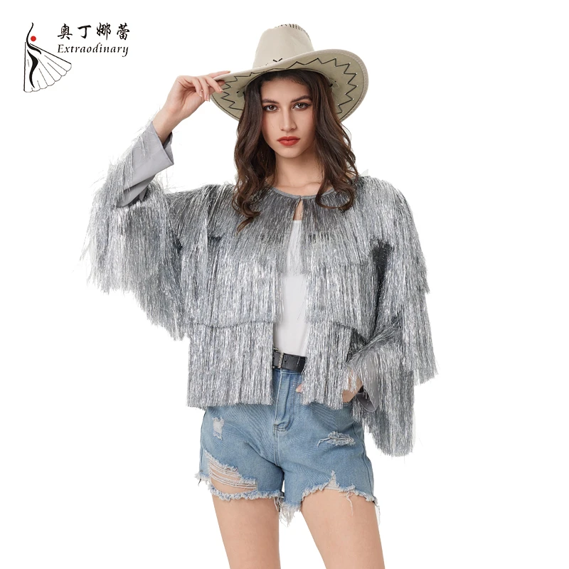 Tinsel jacket Women Coat Temperament Club Coat Long Sleeve Trendy Fashion Sequins Tassel  Jacket  festival open front  carnival