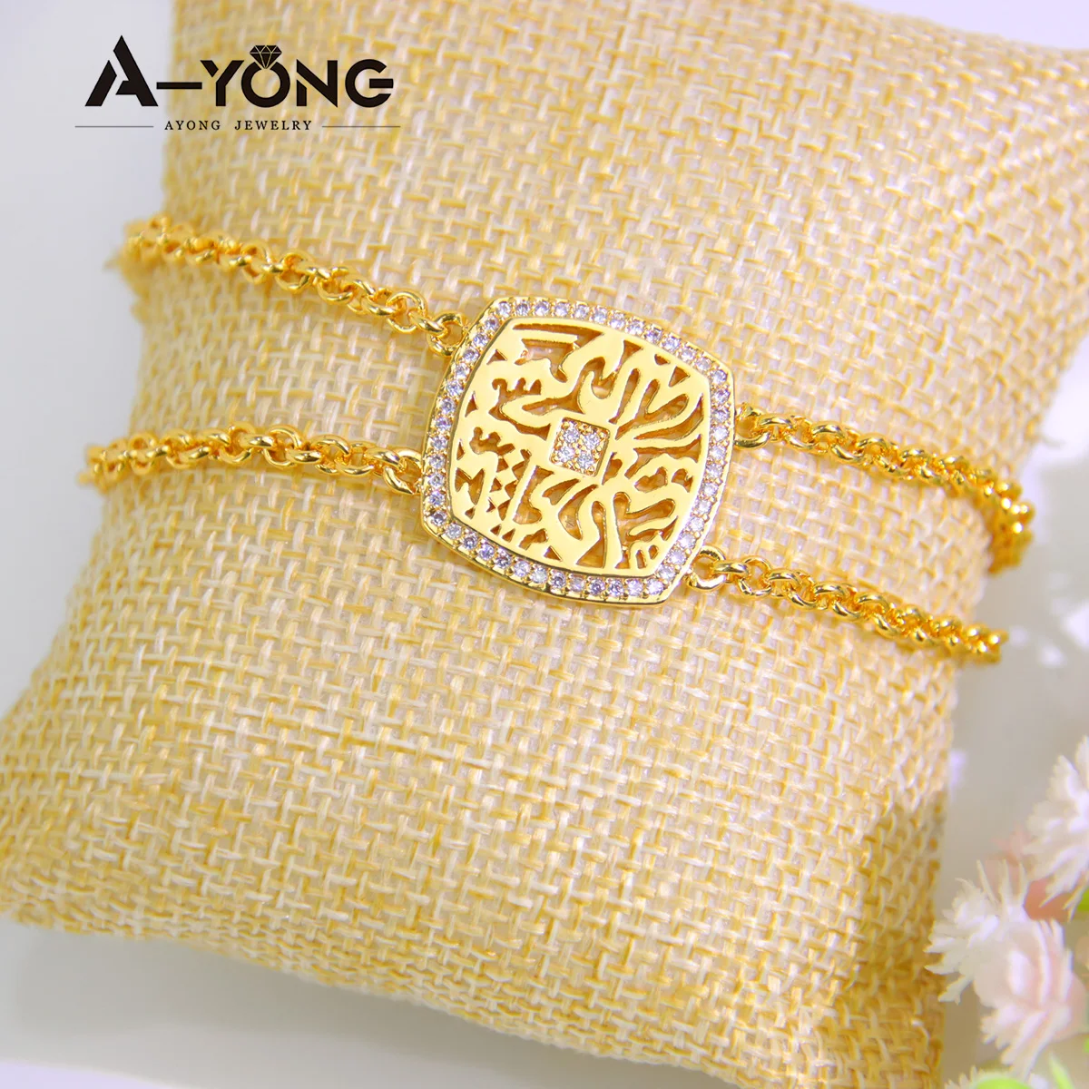

Oman Fashion Arabesque Bracelet 21k Gold Plated Dubai Simple Zirconia Handmade Chains Saudi Women Daily Party Jewelry