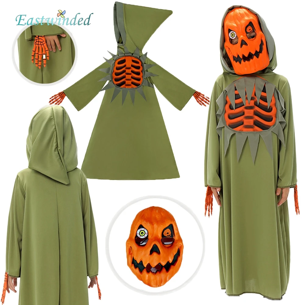 Kids Halloween Pumpkin Skeleton Mask Green Robe Outfits Children Stage Performance Costume Carnival Party Roleplay Terror Suit
