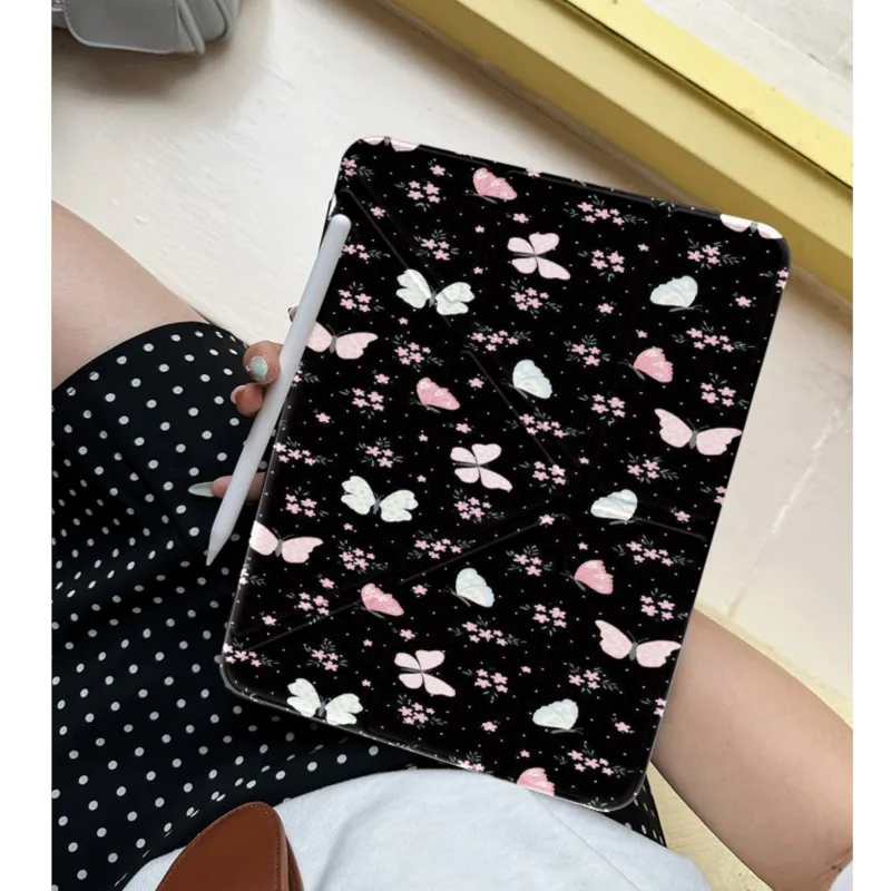 INS Style Butterfly Tablet Case Black Pink Floral Trifold Stand for Huawei MatePad 11.5S Air 11.5in 12 Pro 12.2 2023-2026 Cover