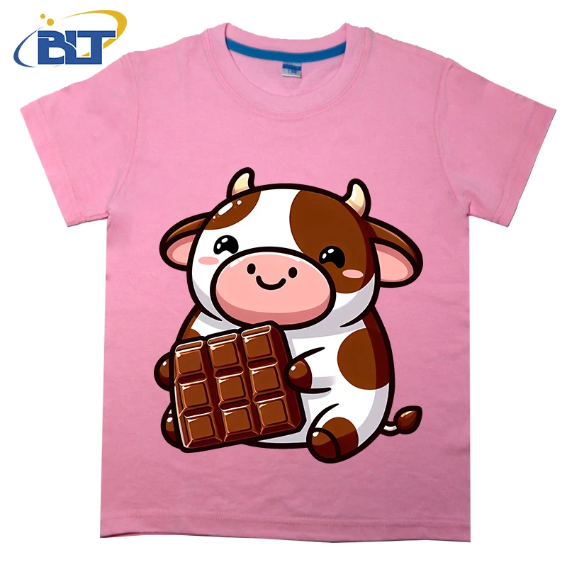 Camiseta con estampado de vaca de Chocolate para niños, top informal de manga corta de algodón puro, adecuado para niños y niñas, Verano