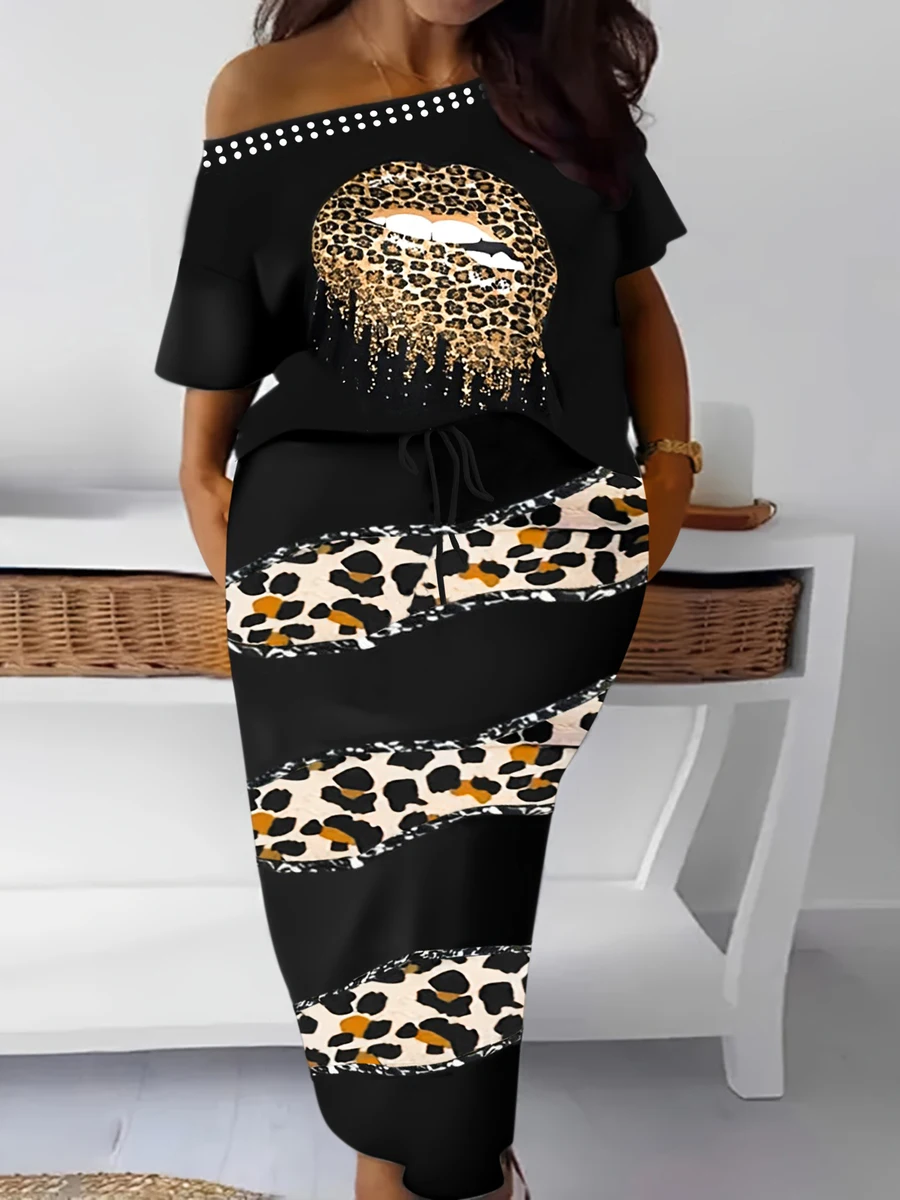 

LW Plus Size Two pieces sets Leopard Lip Print Pearl Decor Skirt Set Autumn winter NEW long sleeve Top + maxi elegant skirt suit