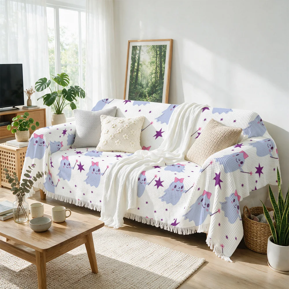 Cute Ghost Print Sofa Throw Blanket Knit Throw for Couch Living Room Decor Cozy Cartoon Pattern Bed Cover Textile Gift