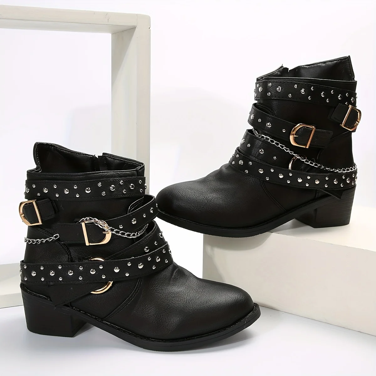 Women Studded Chain Decor Ankle Boots Rock Style Chunky Low Heeled Booties Side Zipper Short Boots