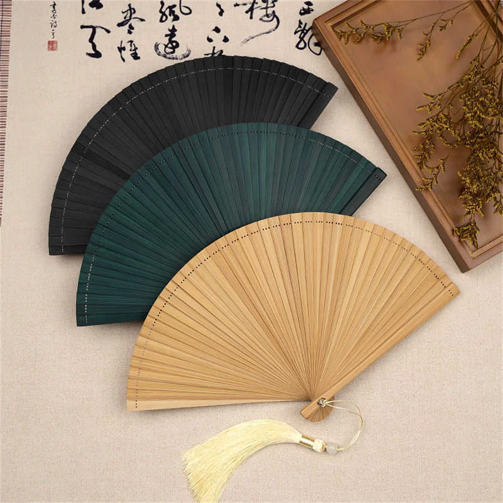Chinese Style Bamboo Folding Fan Vintage Hand Fan Solid Color Wood Dance Performance Custom Props Wedding Party Home Decor Gift