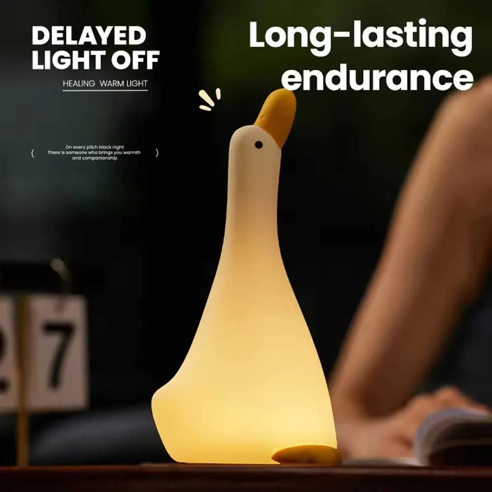 Cute Duck-Shaped Silicone Night Light, Tap-to-Control Dimmable Warm White Bedside Lamp, 1200mAh USB-C Rechargeable Night Light