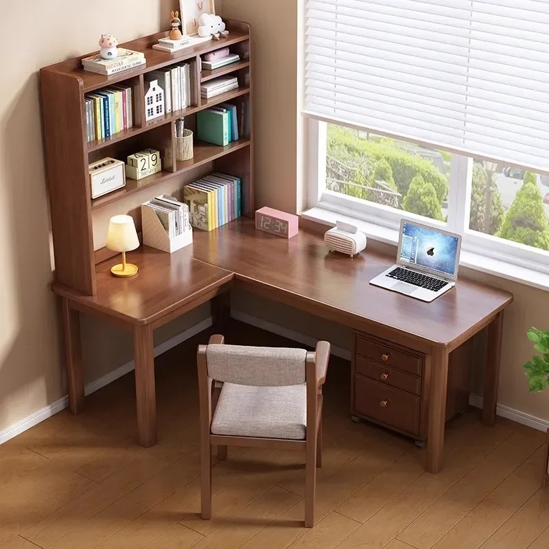 Solid wood corner bookshelf integrated desk L-shaped computer and chair student writing desk office