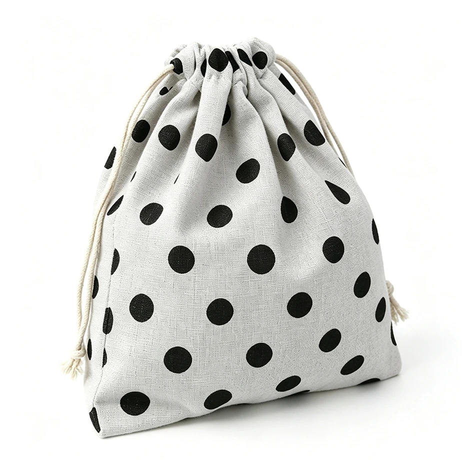 Polka Dot Drawstring Bag Cotton Linen Storage Bag Women Handbag Makeup Pouch Gift Bag Reusable Cosmetic Organizer Packaging Bag