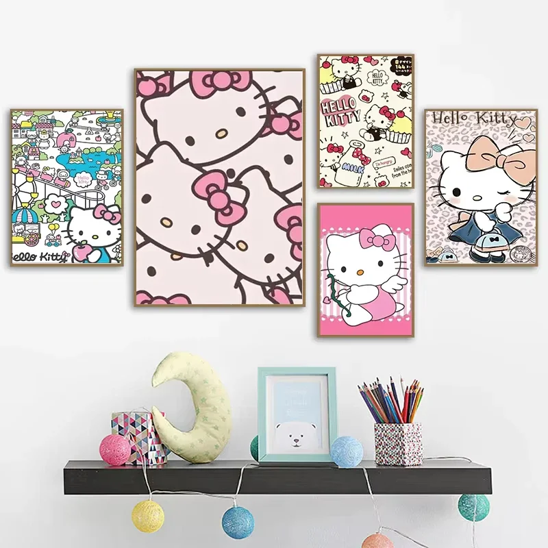 Japanese Anime Cartoon Character Sanrio Canvas Painting Hello Kitty Posters Wall Art Mural Picture Girls Room Home Decor Cuadros