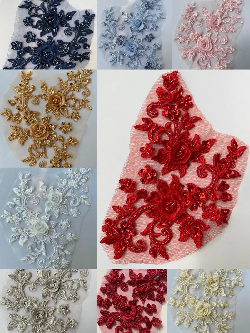 2 Pieces Price Heavy Duty Sewn Multi Color Rhinestone Pair Flower Lace Appliques Luxury Decorative Patches For Wedding Gowns