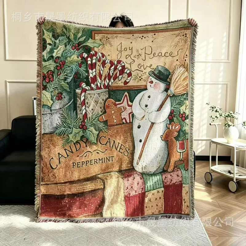 Christmas Vintage Snowman Tapestry Woven, Throw Blanket With Fringe Candy, Cane Gingerbread Sofa Bed Cover, Xmas Home Decor Gift