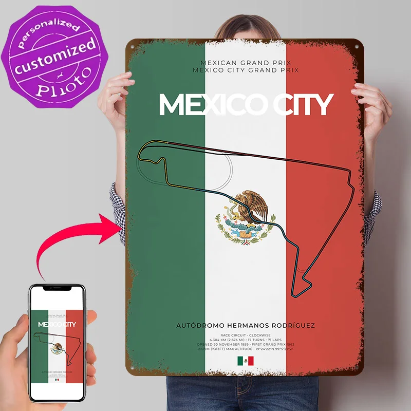Mexico City F-Racing Circuit 3D Texture Metal Poster Customized Wall Art Tin Sign Gift for Mancave Gaming Room Decoration Decor