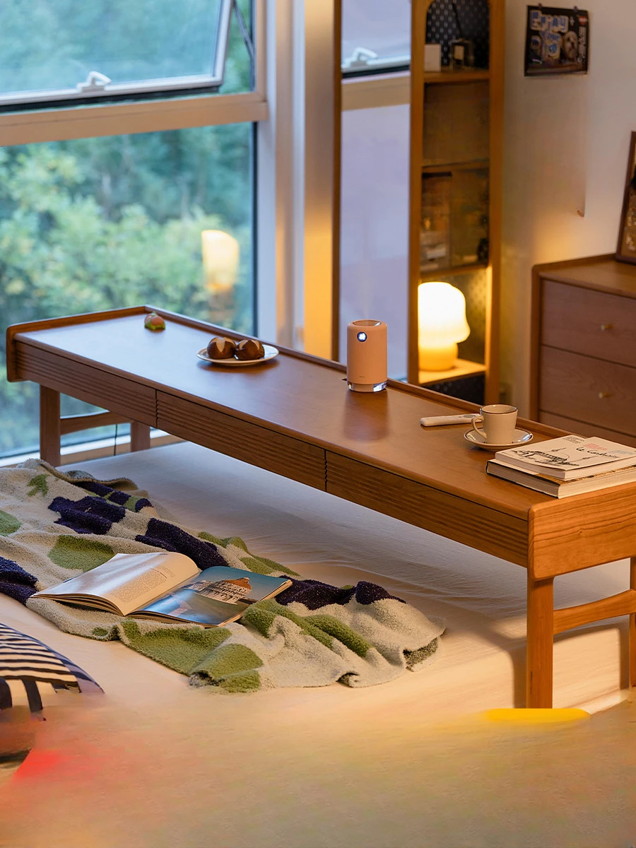 

Bedroom bedside solid wood long table computer table pulley table on the bed.