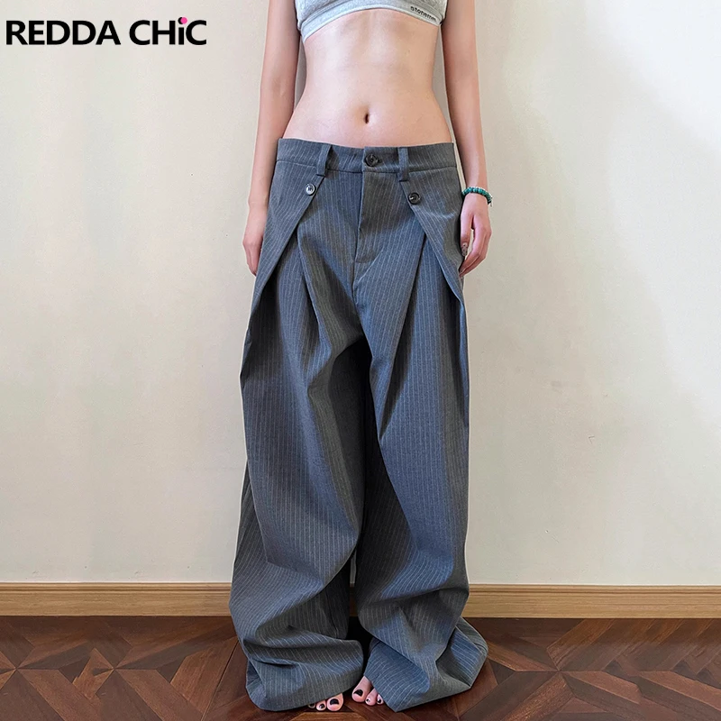 REDDACHiC Calças femininas listradas de pernas largas com bolsos para trabalho casual solto Cleanfit calças de terno plissadas escritório unissex bottoms