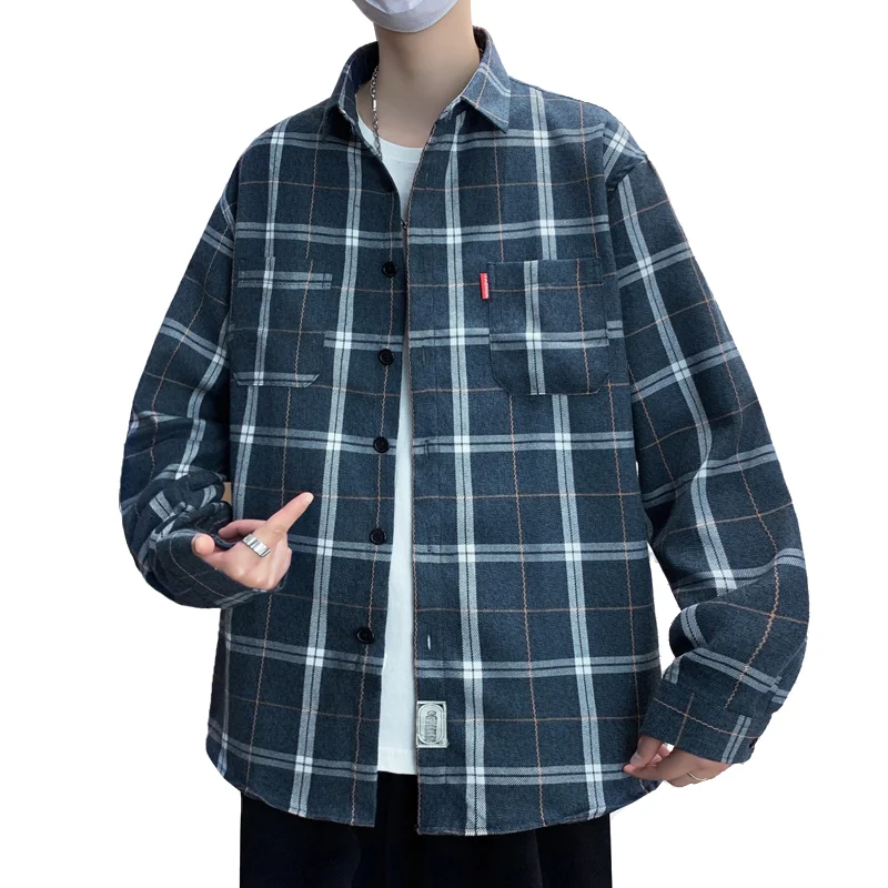 

Men's Trendy Long Sleeve Shirt - Spring Summer New Loose Fit Color-Block Casual Plaid Shirt, Minimalist Style Utility Wear