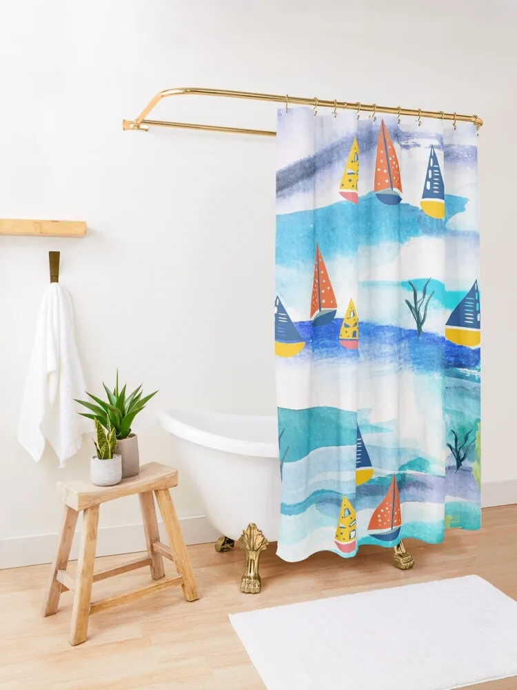 المراكب الشراعية والنباتات البحرية ستارة الحمام حوض الاستحمام دش الحمام أنيمي دش للحمامات مع ستارة تصاميم جميلة #3