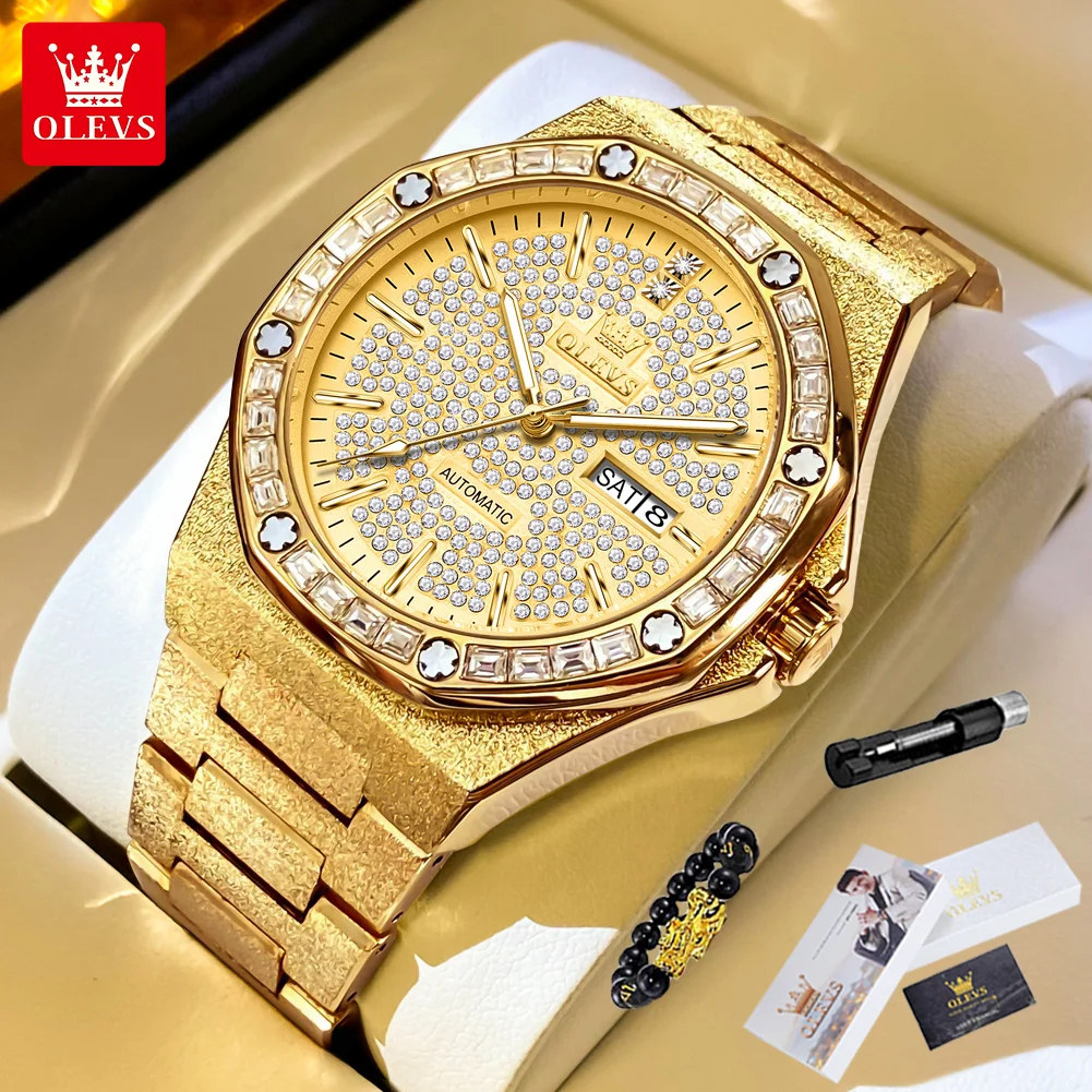 

OLEVS 9803 All Diamond Men's Watch Fashion Luxury Men's Automatic Mechanical Watch Business Calendar Week Waterproof Brand Watch