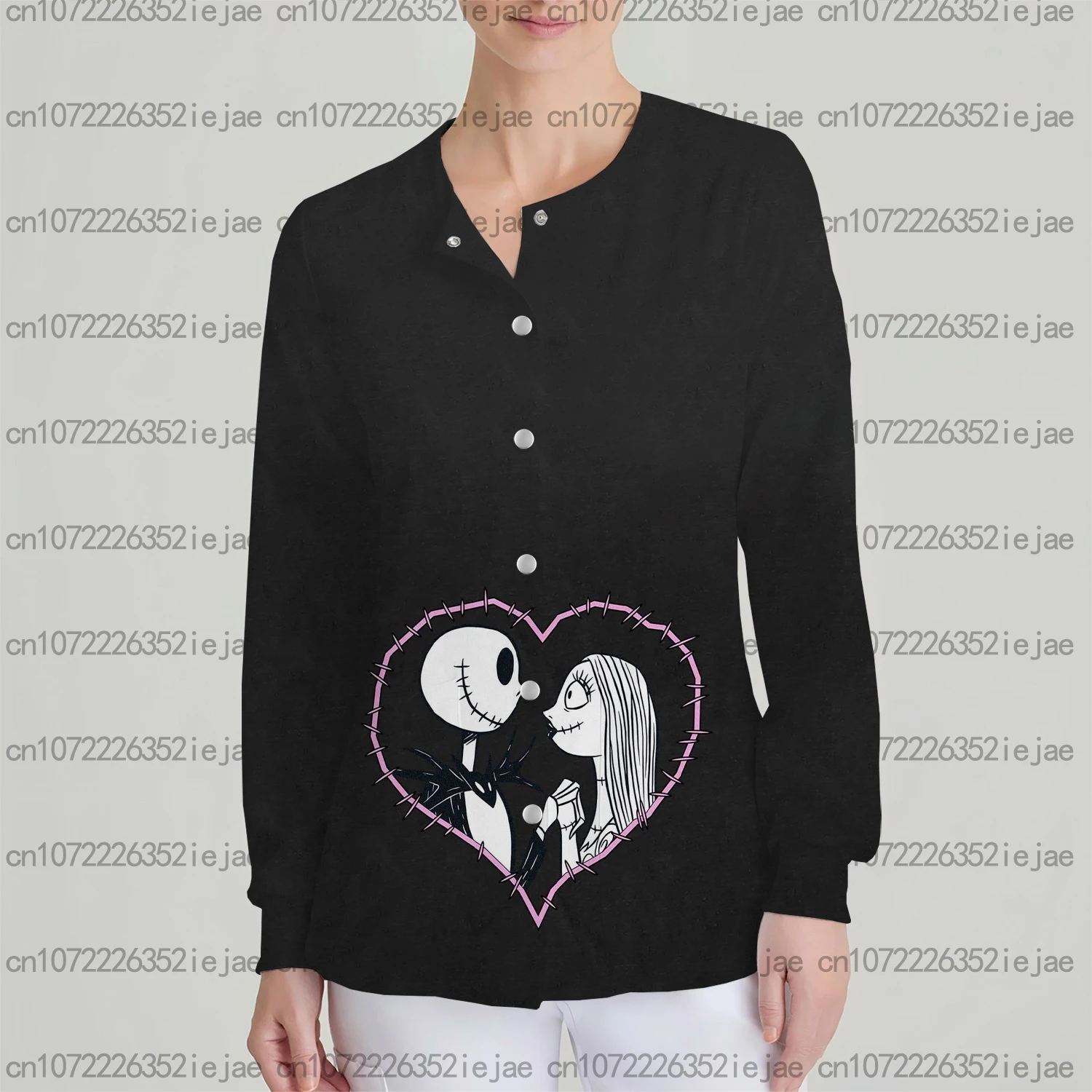 سترة نسائية جديدة بجيب مزدوج وأكمام طويلة وأزرار كبس سترة كابوس قبل عيد الميلاد سترة سالي مطبوعة معطف طبي