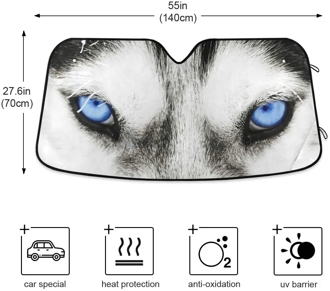 YYZZH-Wolf ou Husky Dog Blue Eye Print Car pára-brisa, Sun Sombra, Bloco UV Raios Sun Visor Protector, Acordeão Dobrável Pára-sol, Kee