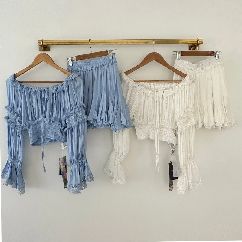 Flare Sleeve Slack Neck Shirts+Ruffle Skirt Vacation Summer 2 Piece Set Fashion Solid T-shirts And Pleat A-line Short Skirts Set