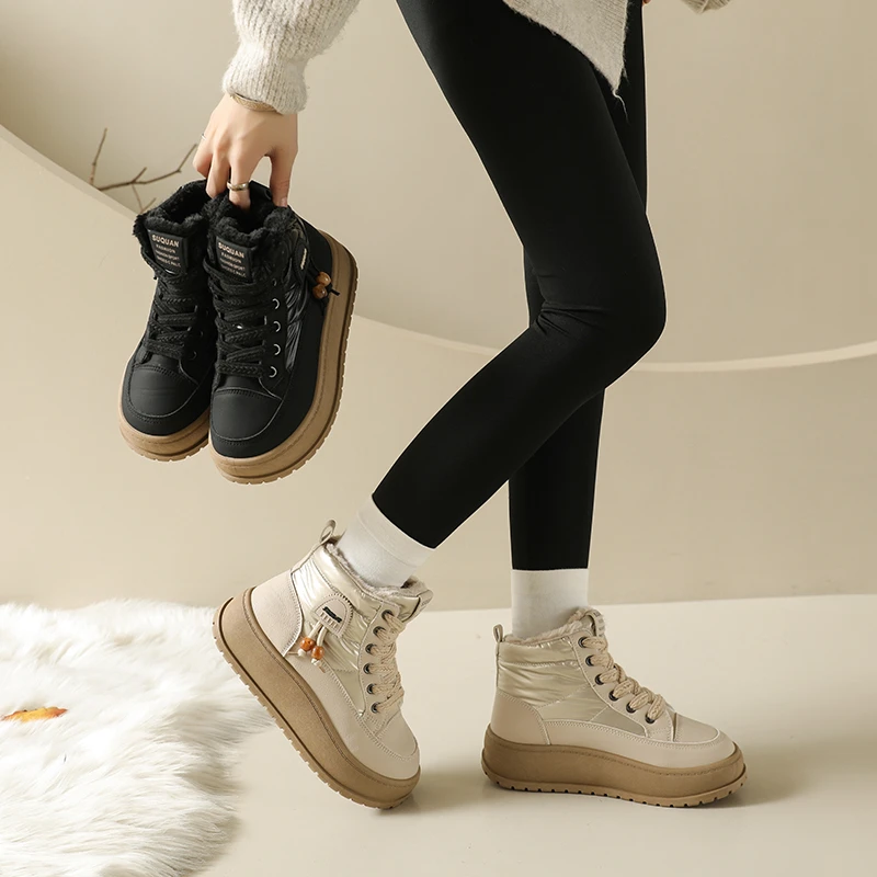 أحذية نسائية عصرية، نعال سميكة مخملية شتوية جديدة برباط، أحذية قطنية دافئة مرتفعة، أحذية قصيرة يومية متعددة الاستخدامات #6