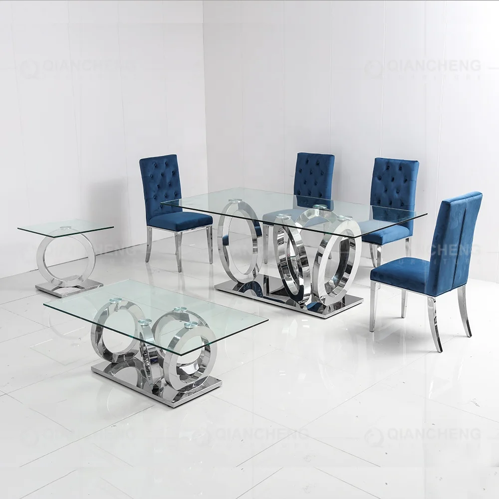 Modern dining room furniture dining table sets 6 chairs metal stainless steel glass dining tables