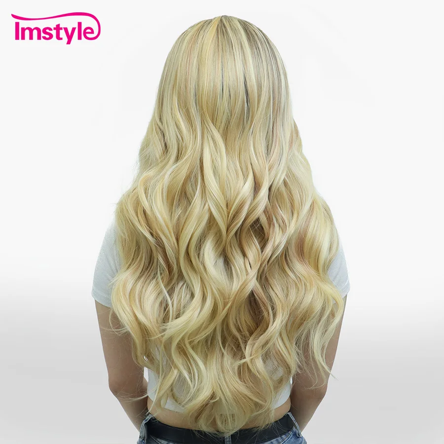Imstyle Ombre Blonde Synthetic Lace Front Wig Long Natural Wavy Hair for Women Heat Resistant Daily Wear