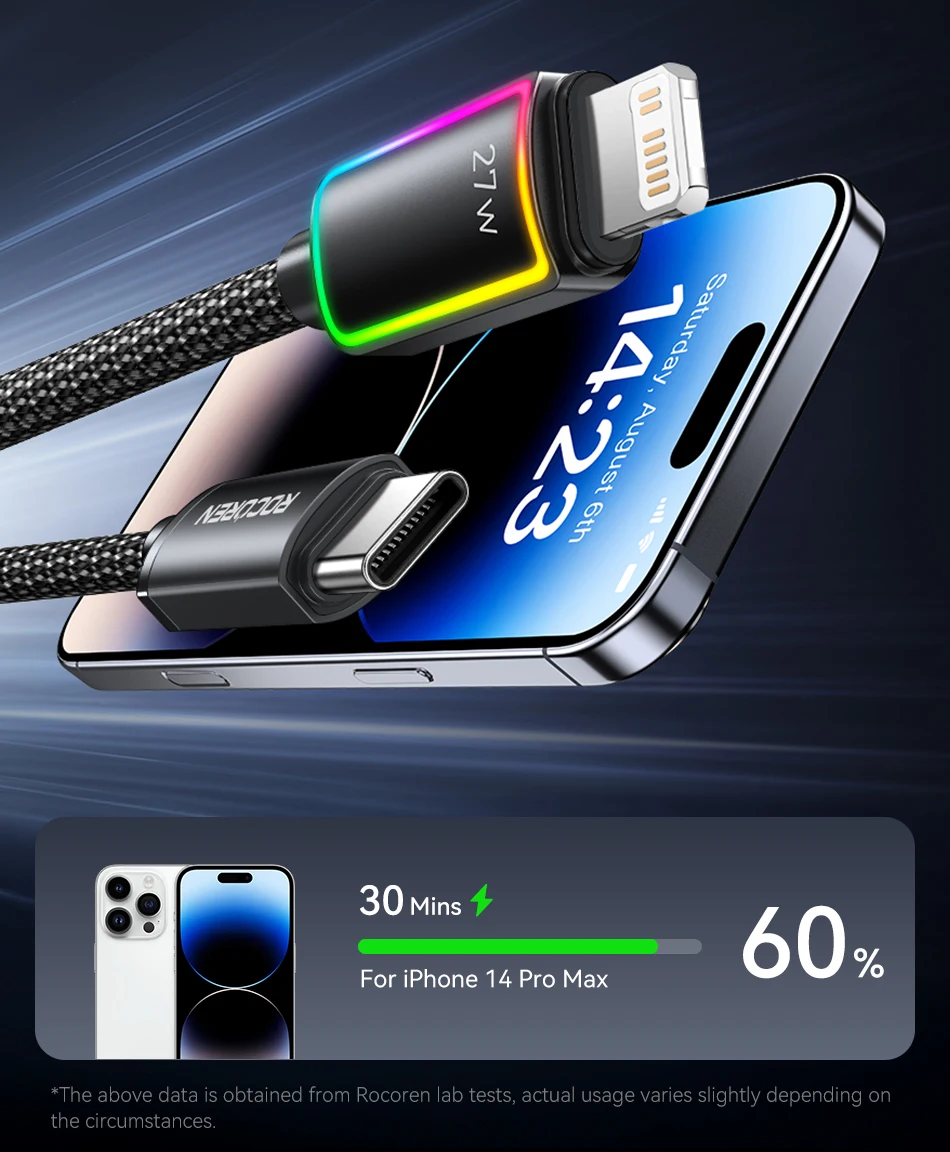 Rocoren PD 27 W USB-C-Beleuchtungsdatenkabel für iPhone 14 13 12 11 Pro Max Schnellladung 2,4 A USB2.0-Datenkabel für iPad Pro Wire – Detail 5