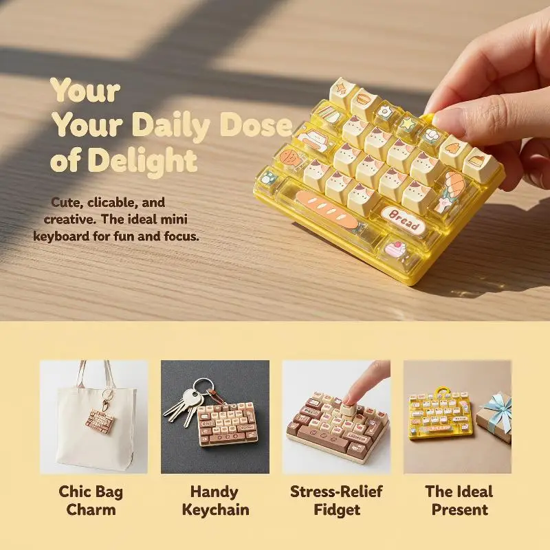 Soft Touch Cat Pudding Decompression 26-Key Color Keyboard Cartoon Clicker Fashion Backpack Pendant for Travel