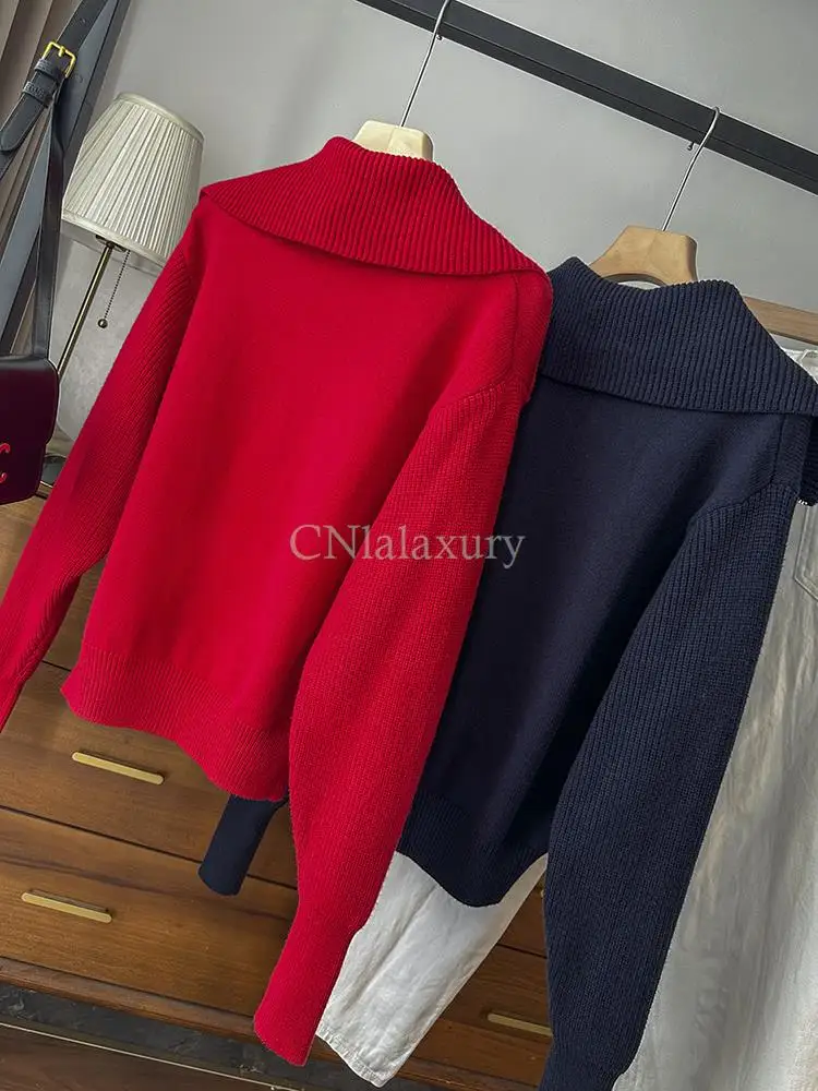 CNlalaxury 2023 Female Autumn Winter Solid Color Polo Collar Zipper Loose Chic Sweater Jumper Pull Femme Long Sleeved Versatile