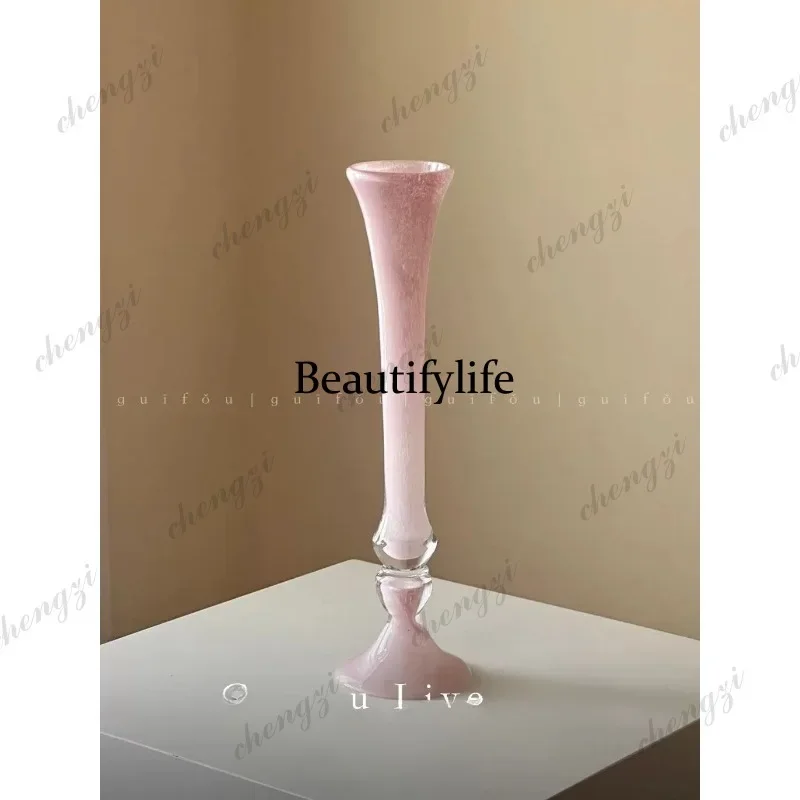 D80 slender tall pink glass glazed vase, high-end design sense, niche medieval ornament