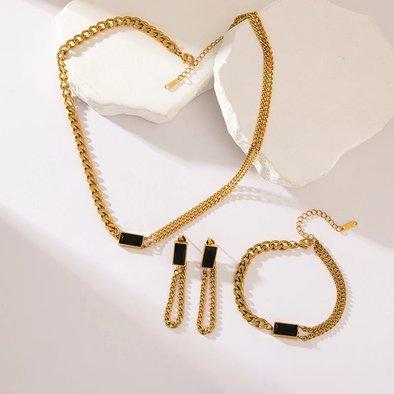 GANEMLY-Colar de cristal preto para mulheres, aço inoxidável 316L, corrente de pescoço impermeável, banhado a ouro 18k, presente feminino da moda