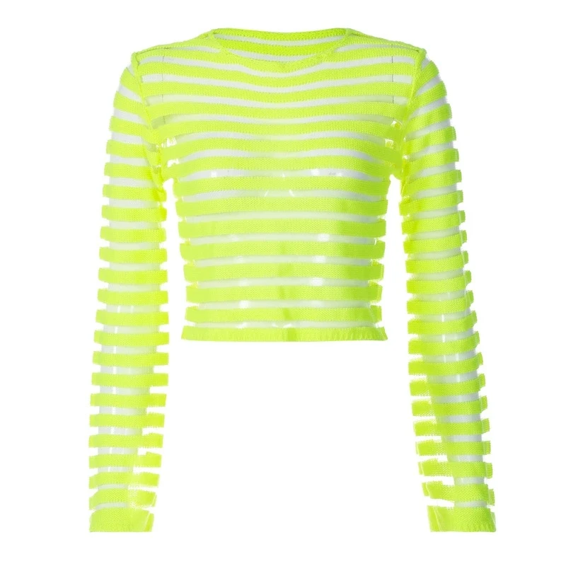 CHEEKDOURL Summer Europe and the United States fashion women\'s mesh perspective stripes crop shirt short bright color top