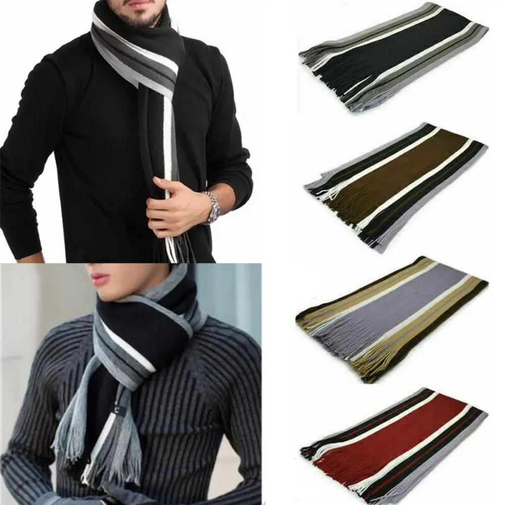 Casual Cashmere Men Striped Scarf Neck Warm Thick Winter Long Shawl Soft Tassel Stole Neck Wrap