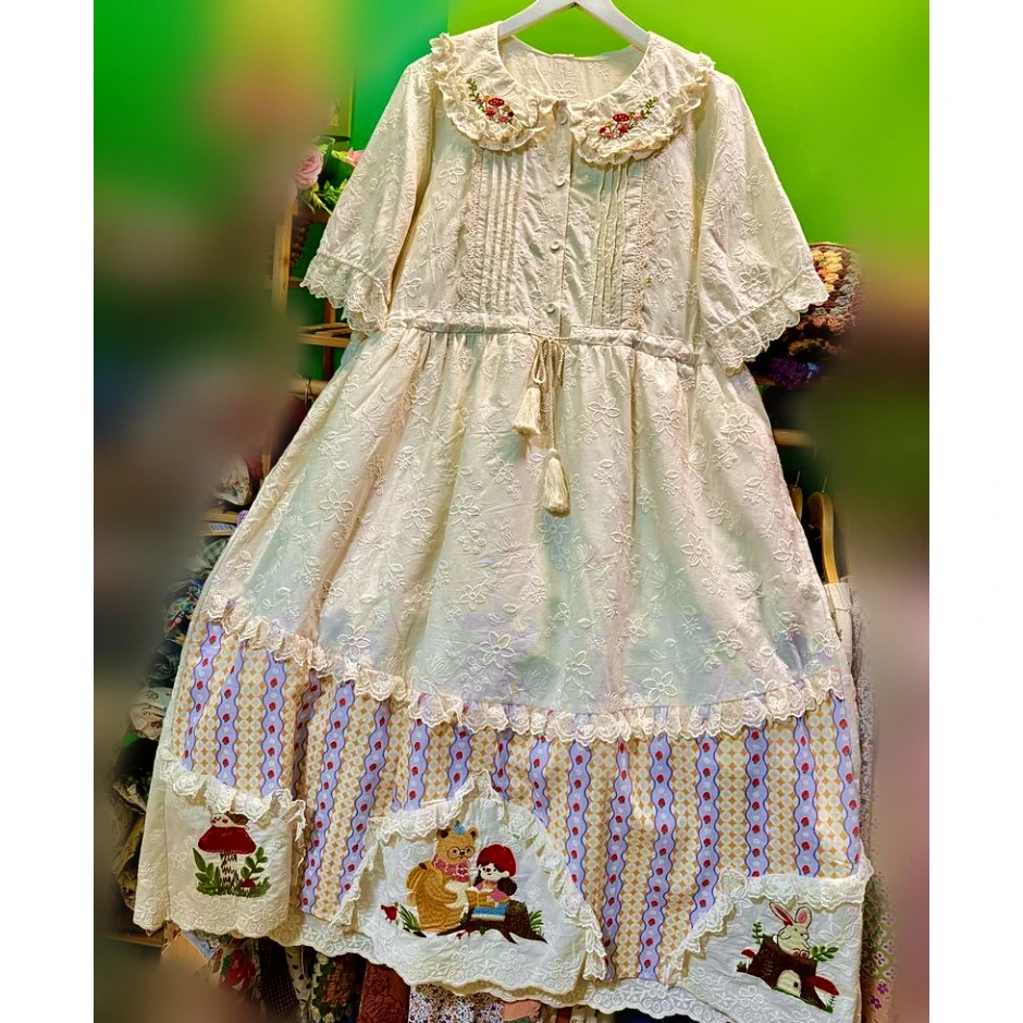 

Cotton Vintage Patchwork Ruffled Lace Pleated Embroidery Midi Dress Women Lolita Sweet Summer Lolita Mori Girl Goblincore Dress