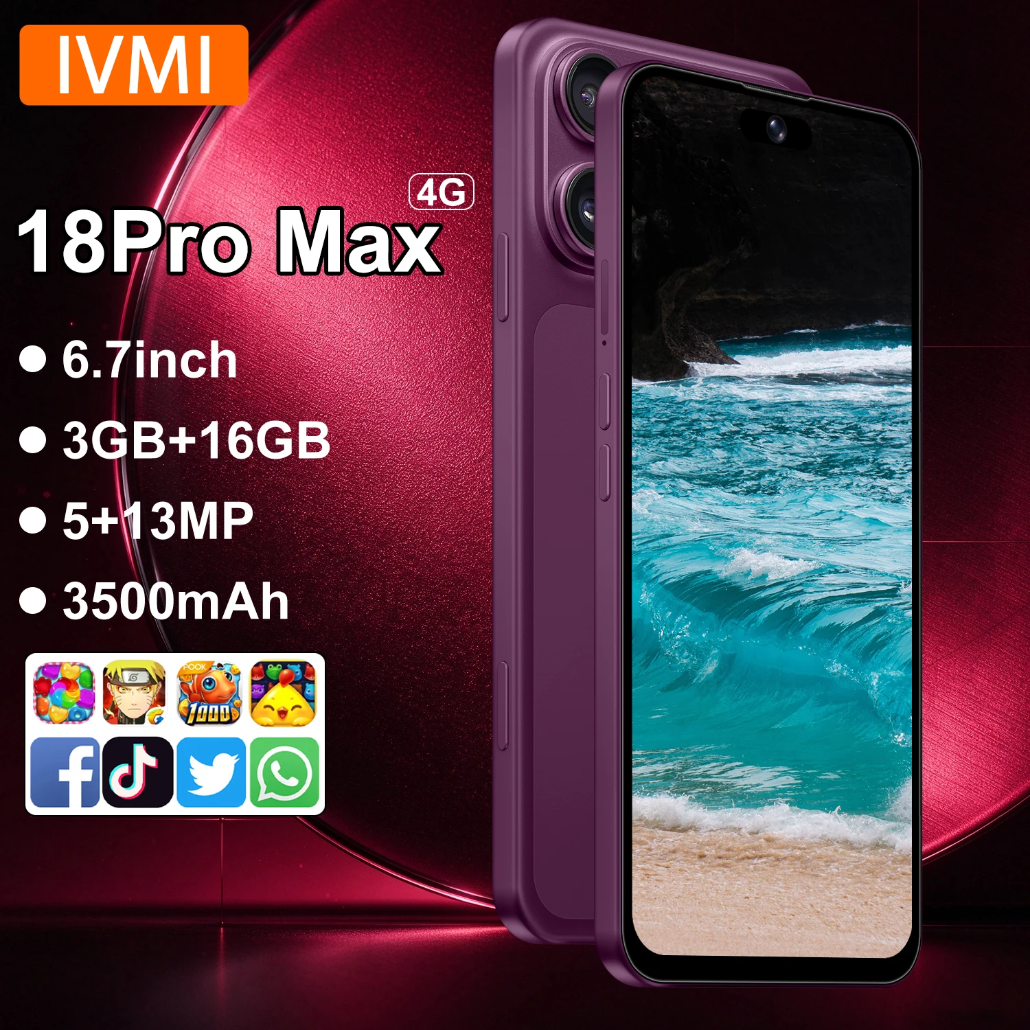 IVMI Unlocked Smart Mobile Phone 18PROMax Hot Sale Android Smartphone 6.7 Inch3GB+16GB Dual Camera Support Google Play Bluetooth