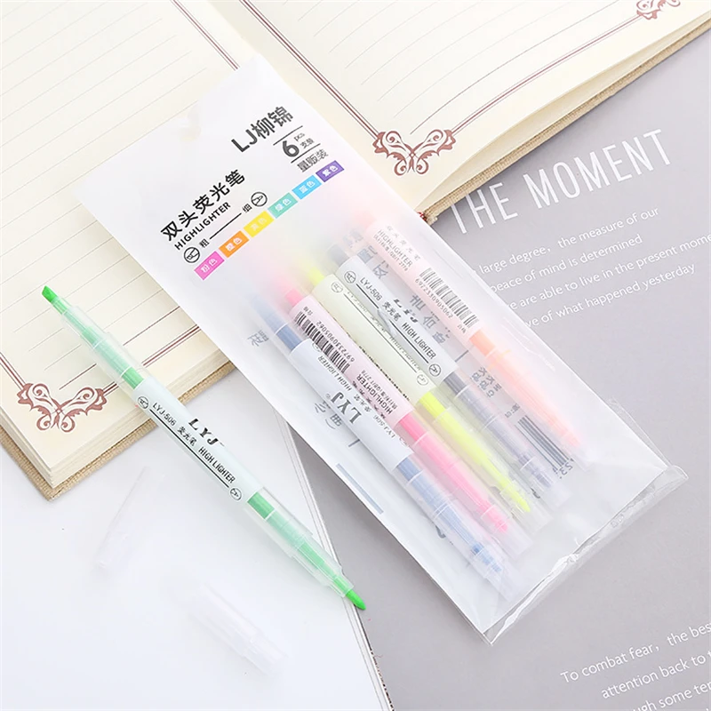 6pcs Student Color Oblique Head Double-headed Highlighter Marker, Focus on Line, Graffiti, Hand Account Pen, Watercolor Pen