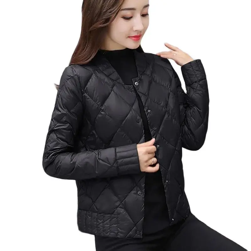 

Casual Black Simple Jackets 2024 Spring Thin Light Down Cotton Jacket Female Warm Short Coat Parkas Rhombus Pattern Outerwear