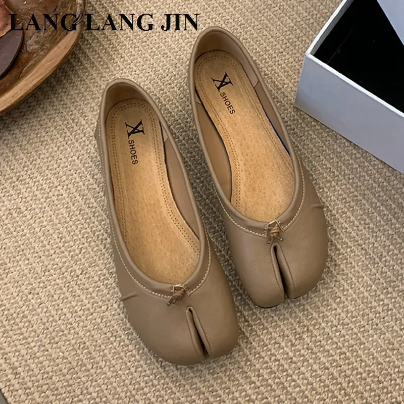 Spring Split Toe Women Ballet Flats Fashion Tabi Shoes Causal Slip On Loafer Ladies Pleated Leather Espadrilles Zapatillas Mujer image 5