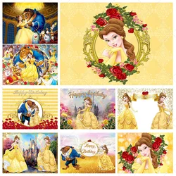 Toile de fond de princesse Disney la Belle et la Bête, fond de poivre, rose dorée, bannière de photographie, accessoires de décoration, fête d'anniversaire pour enfants