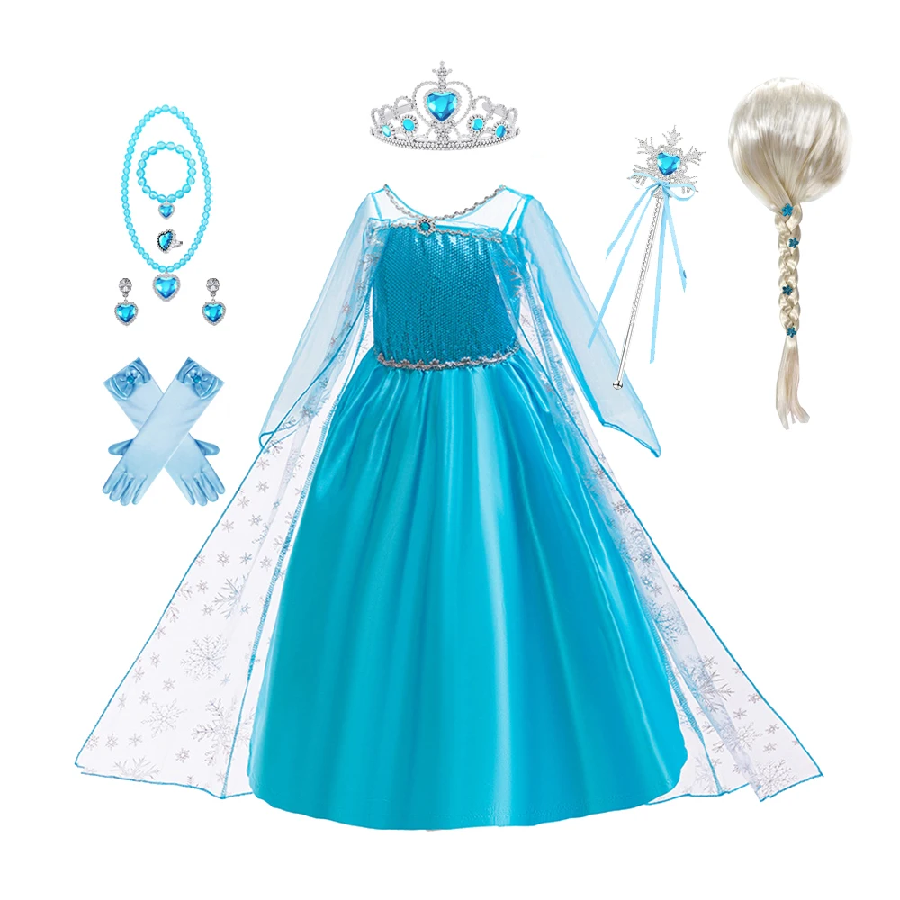 فستان إلسا للأطفال بأكمام طويلة للفتيات لأعياد الميلاد التنكرية للأميرة، فستان كرنفال فاخر للحفلات