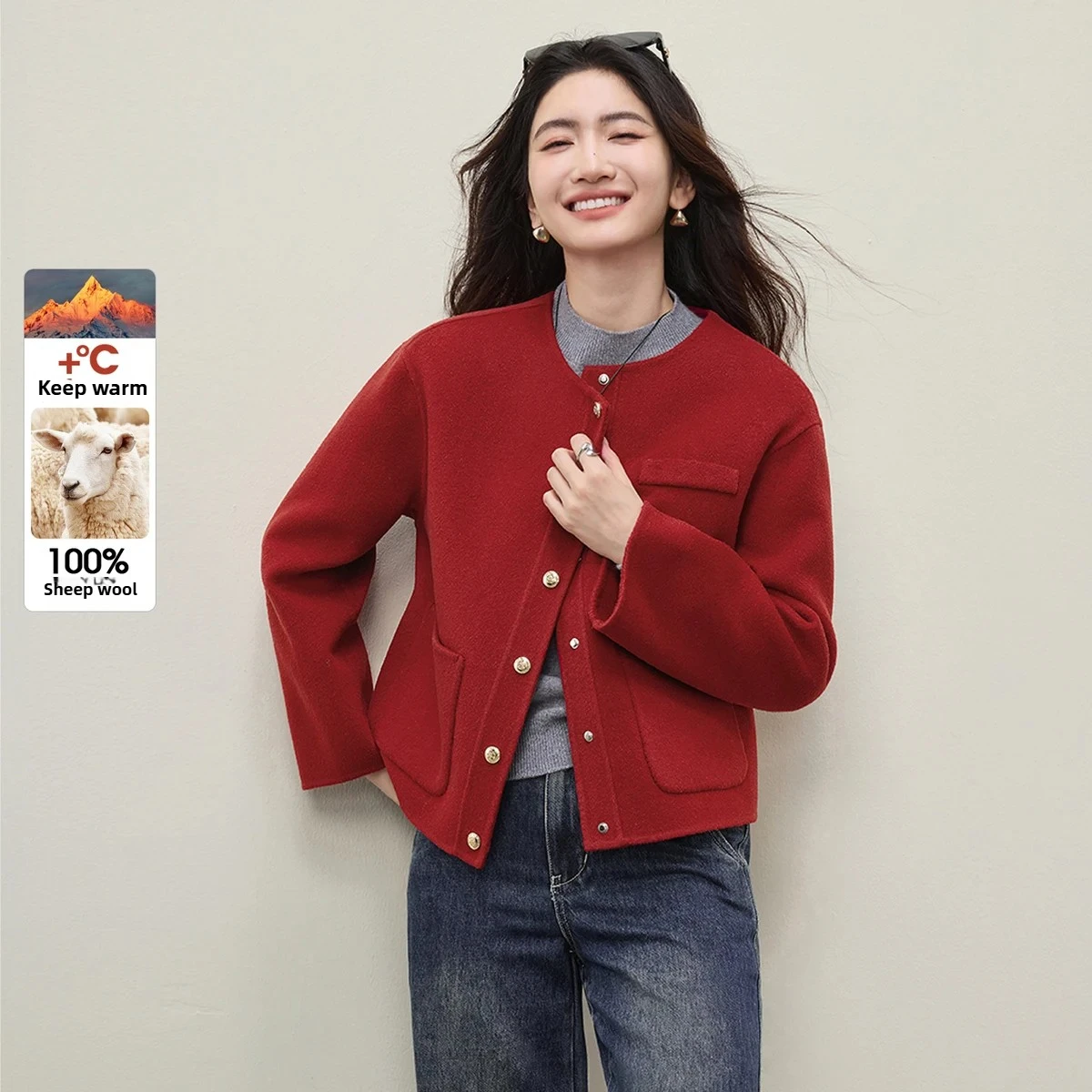 

SENTUBILA 100% Women Wool Coats 2025 Autumn Winter Simple Warm Jackets O-neck Long Sleeve Pockets Women's Clothing W54OG3692X